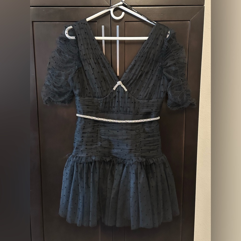 Self-Portrait Black Tulle Polka Dot Crystal Embellished Mini Dress